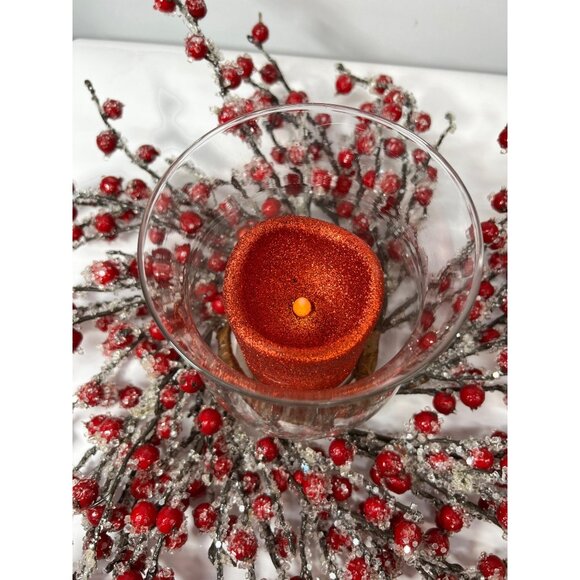 Frosted Red Berry Candle Holder Centerpiece With Glass Vase - Picture 4 of 6